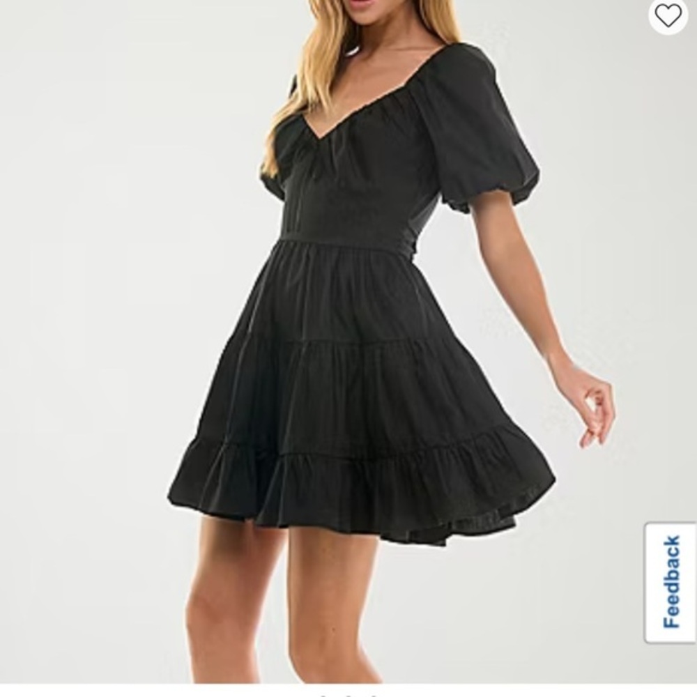 New City Triangles Black Puff Sleeve Tie-Back Mini Dress